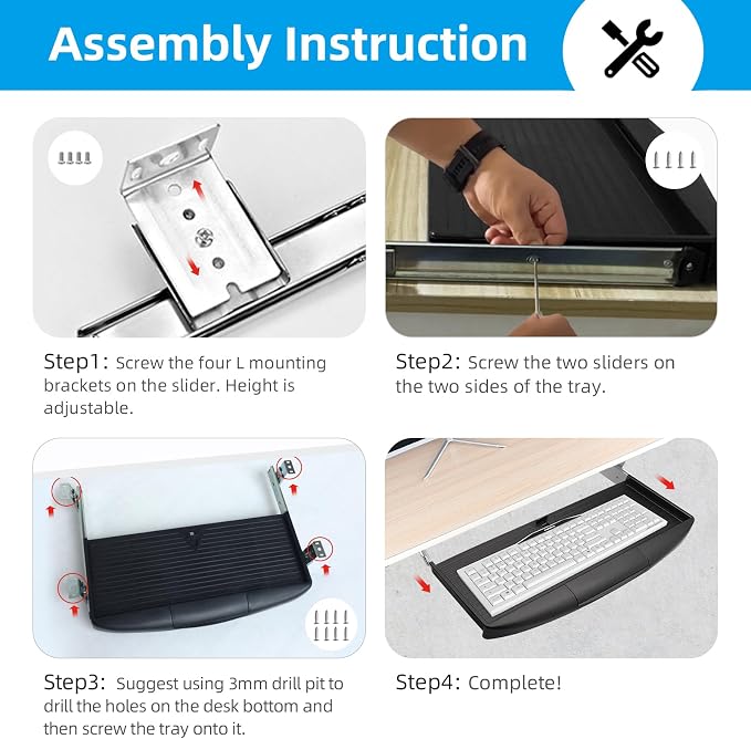 22"Wx11"D Under Desk Keyboard Tray Slide Out, Pull Out Keyboard Tray - Image 8