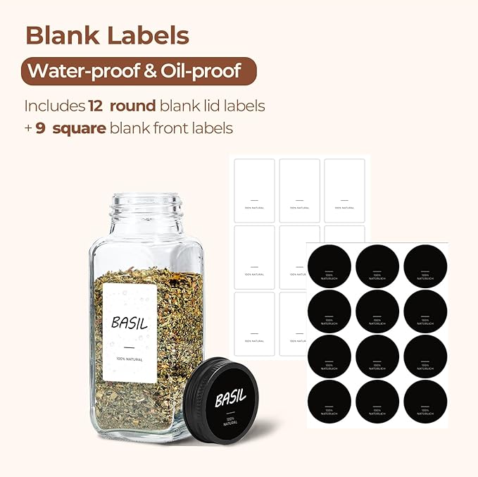 ComSaf Glass Spice Jars with with Labels 8 oz 6 Pack Square | Empty Containers - Image 2