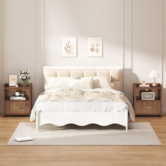 Night Stand with Charger Station, Fluted Wood Nightstand with Drawer Storage - Image 3