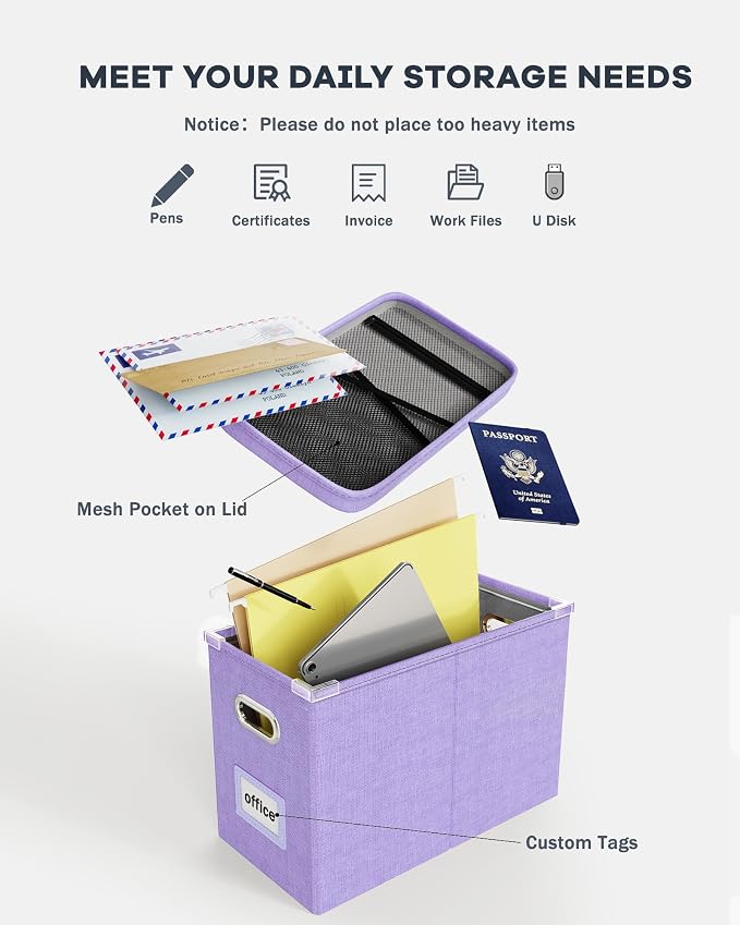 File Organizer Box with Lid, Hanging Filing File Box with Mesh Pocket, Document - Image 4