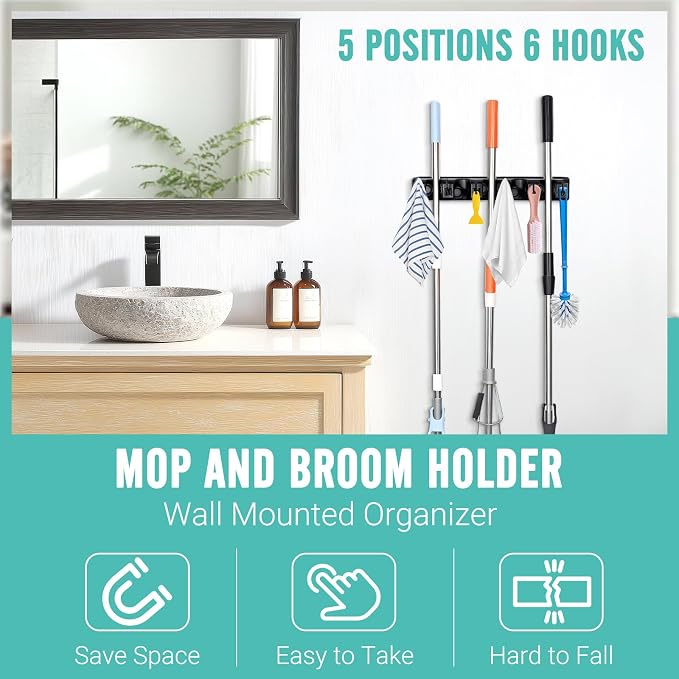 Broom and Mop Holder, Wall Mounted Organizer Mop and Broom Storage Tool Rack - Image 6