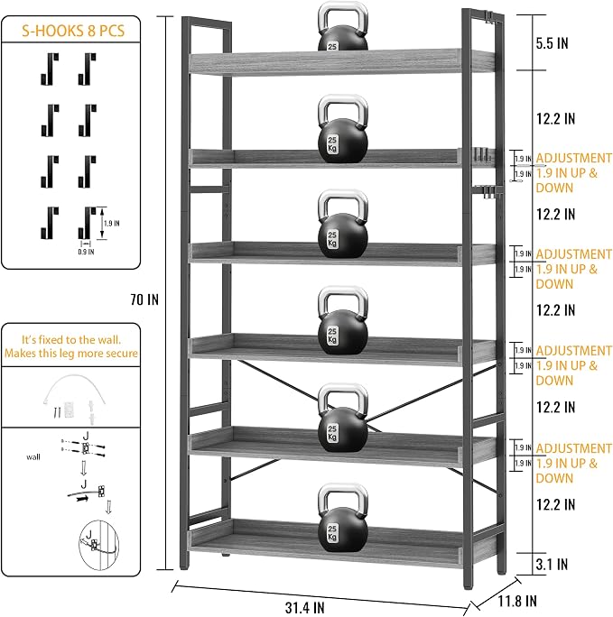 HCHQHS Bookshelf, Adjustable Industrial Bookcase, Vertical Tall Book Shelf - Image 3