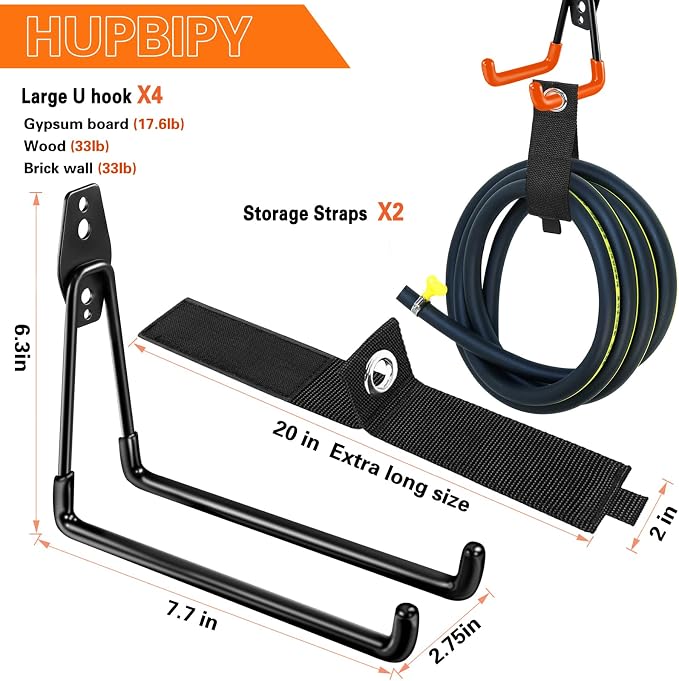 Heavy Duty Garage Hooks 4 Pack, 7.7 inch U Shaped Long Hanger, - Image 2