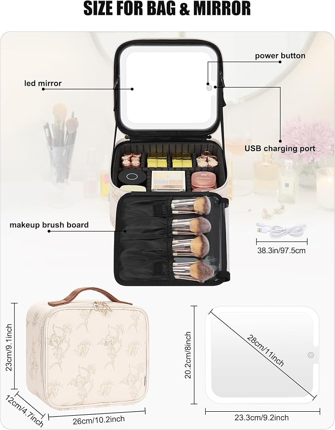 Relavel Travel Makeup Bag with LED Mirror, Lily Flower | Portable Cosmetic - Image 2