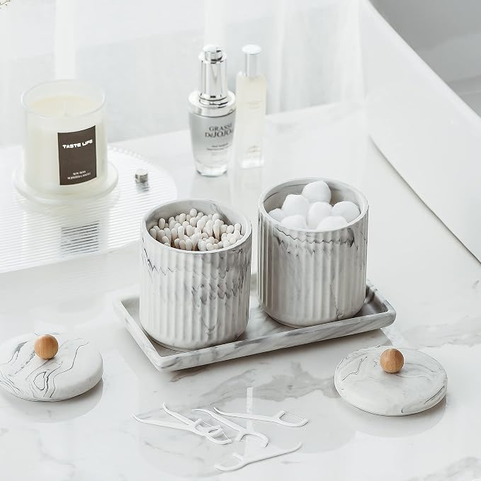 Marble Small Bathroom Jar Set ，Ceramic Cotton Swabs Holder - Image 2