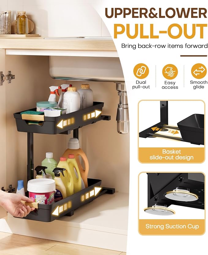 Homde Sliding Under Sink Organizer: 2 Pack 2-Tier Cabinet Shelf - Image 5