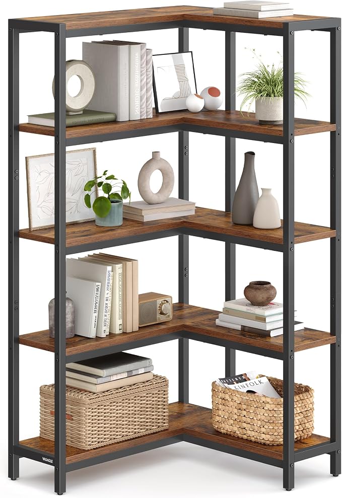 VASAGLE 5 Tier Bookshelf with Metal Frame, Convertible Industrial Corner Shelf by Unknown
