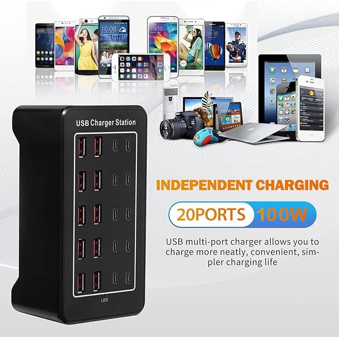 Multi USB Charger, USB C Charging Block Station, 100W 20 Port Multiple USB C - Image 4
