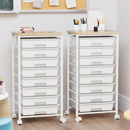 Rolling Cart with 8 Drawers, Storage Drawers Cart with Wooden Tabletop and - Image 5