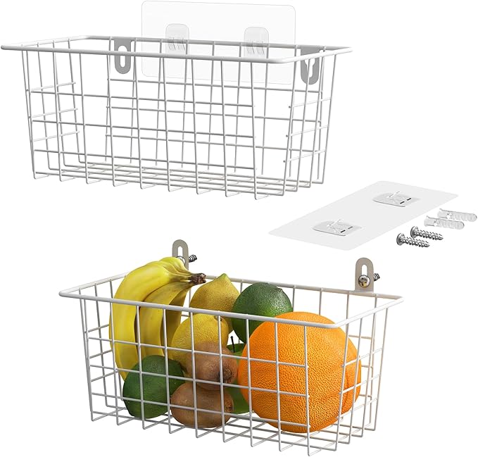 MaraFansie Hanging Kitchen Baskets Wire Storage Basket Adhesive and Screws by MakeStorageMoreFun