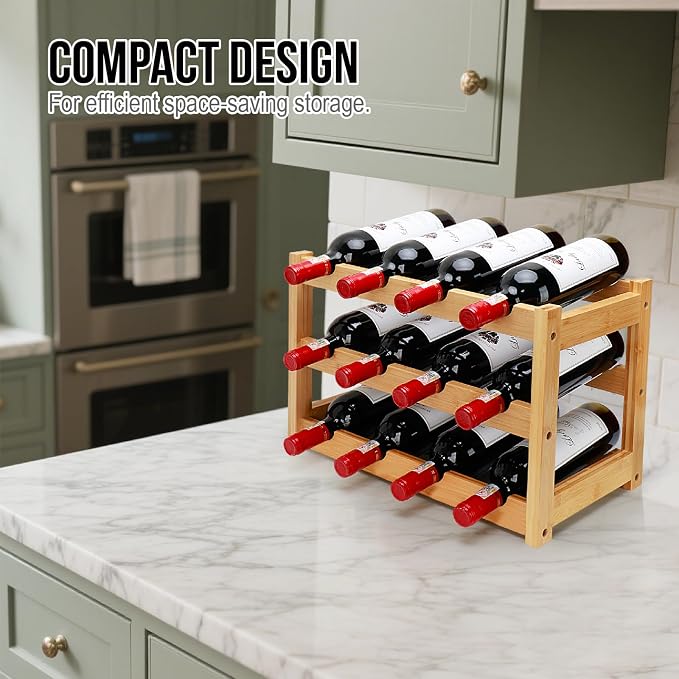 Bamboo Wine Rack, 3-Tier 12 Bottles Wine Storage Cabinet Shelf, Easy-Assembly - Image 7