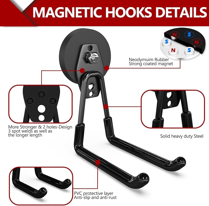 3-H Heavy Duty Magnet Garage Hooks 2 Pack, Extra Large Strong Magnetic Hooks - Image 4