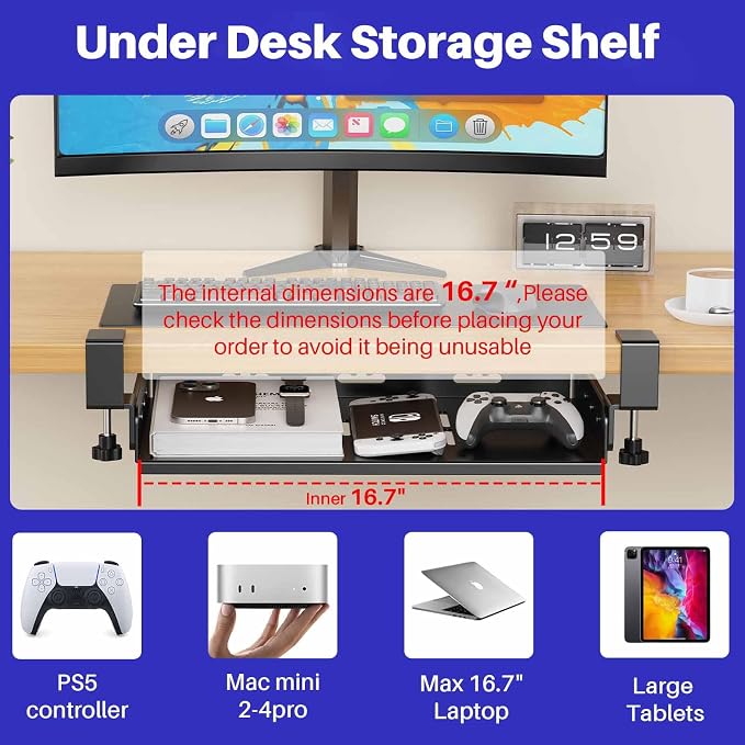 No Drill Under Desk Laptop Mount, Metal Under Desk Storage Shelf - Image 4