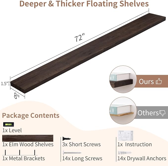 Axeman Floating Shelves for Wall, Rustic Elm Wood 72'' W x 8" D Wall Mantel - Image 2