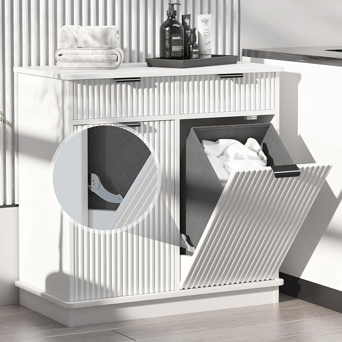 White Double Tilt Out Laundry Hamper Cabinet Laundry Basket Cabinet Hidden - Image 4