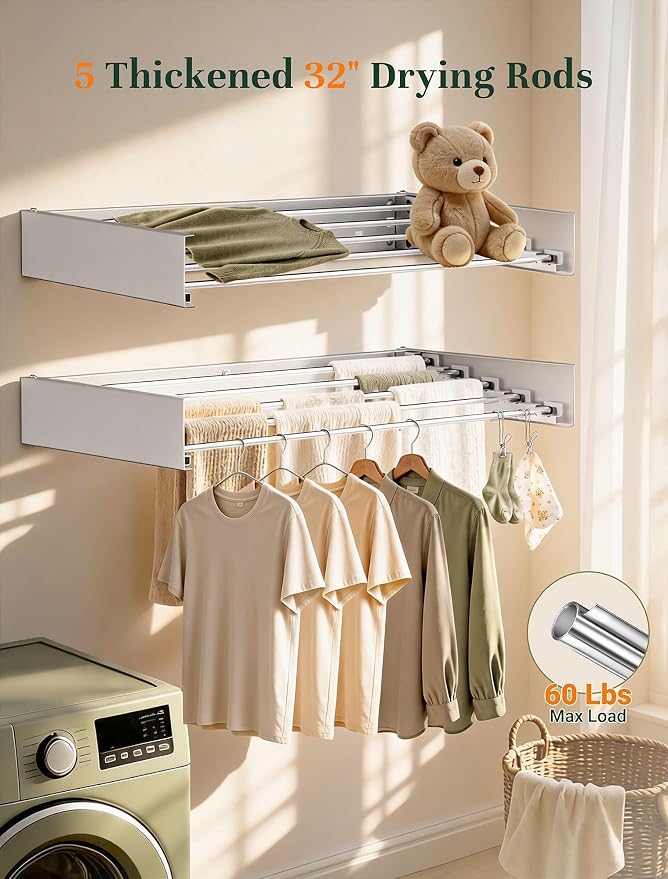 32'' Wall Mounted Clothes Drying Rack, Foldable & Collapsible Wall Mount - Image 3