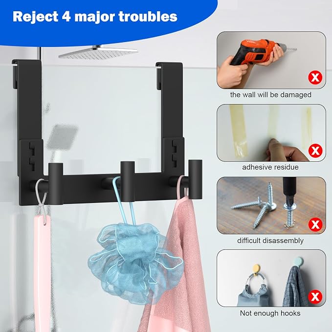 PMMASTO No-Drill Extra Long Shower Hooks, Fits 3/8" Thick Door, Heavy Duty - Image 3