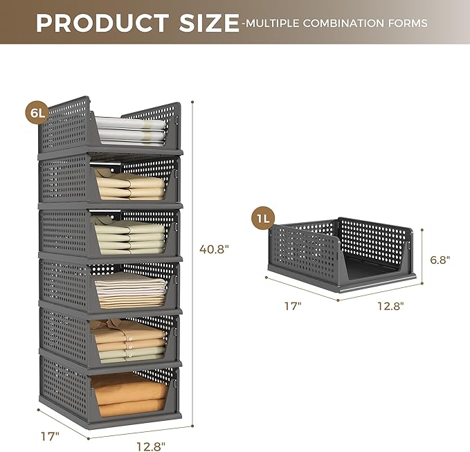 Pinkpum 6 Pack Black Closet Organizers and Storage Plastic Stackable Storage - Image 2