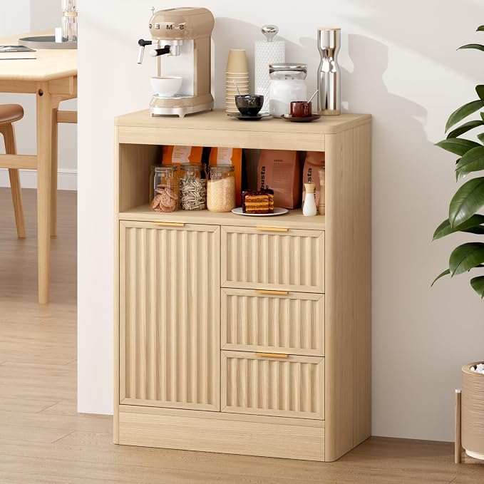 Coffee Bar Cabinet with Drawer, Fluted Buffet Sideboard Cabinet with 3 Drawers by Unknown