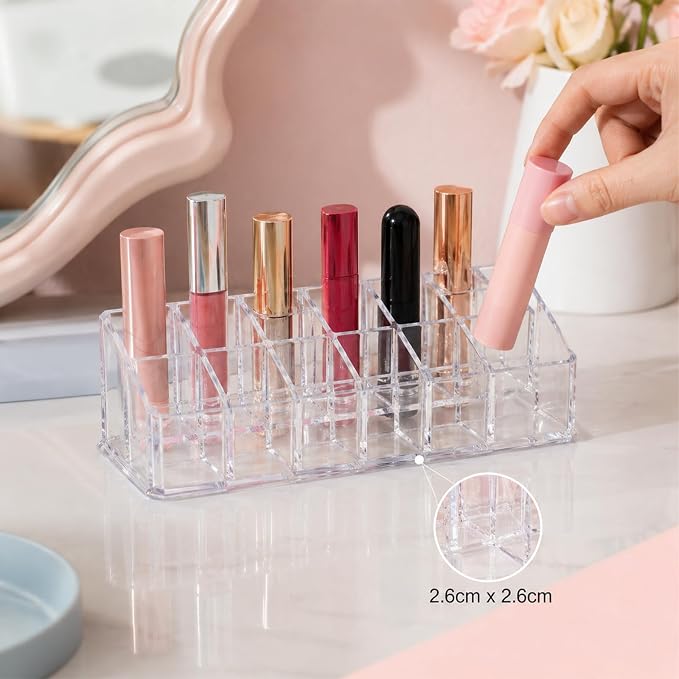2 Rows Transparent Lipstick Holder, 12-Slot Acrylic Lipstick Organizer Case - Image 3
