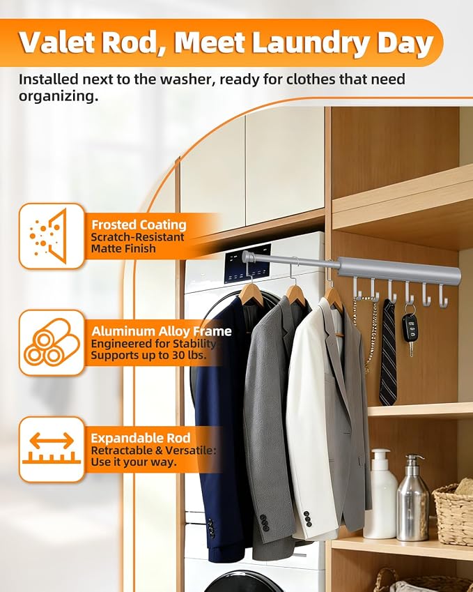 12 Inch Valet Rod for Closets Pull Out, Pull Out Rod For Hanging Clothes And - Image 3