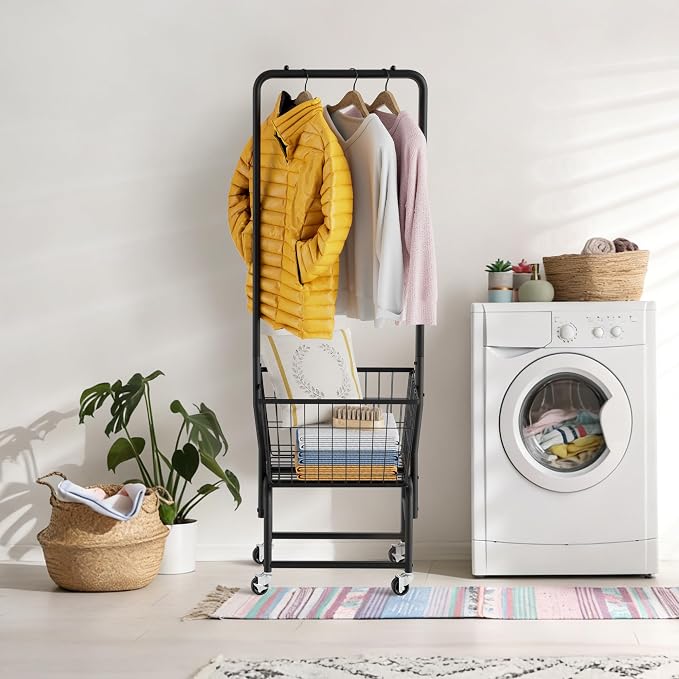 Rolling Laundry Cart with Wheels, Laundry Hamper Basket Organizer with Clothes - Image 5