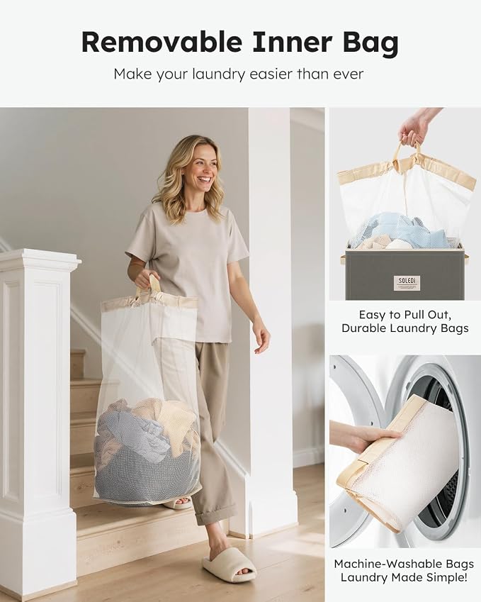 SOLEDI Laundry Hamper with Lid 100L Large & Tall Collapsible Laundry Basket - Image 4