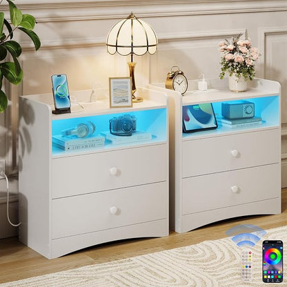 2 Pack Nightstand with Charging Station and LED Light, Modern Nightstand with by MEMOBARCO