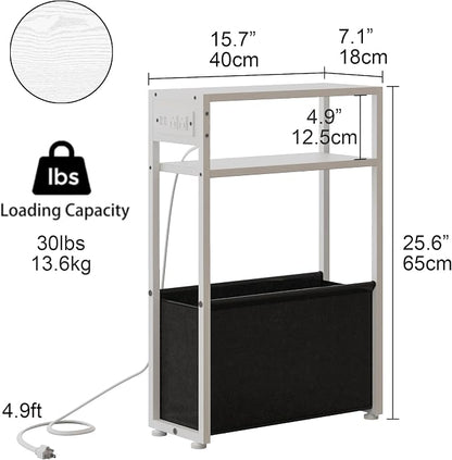 White Side Table with Charging Station, Slim End Tables with Fabric Basket - Image 2