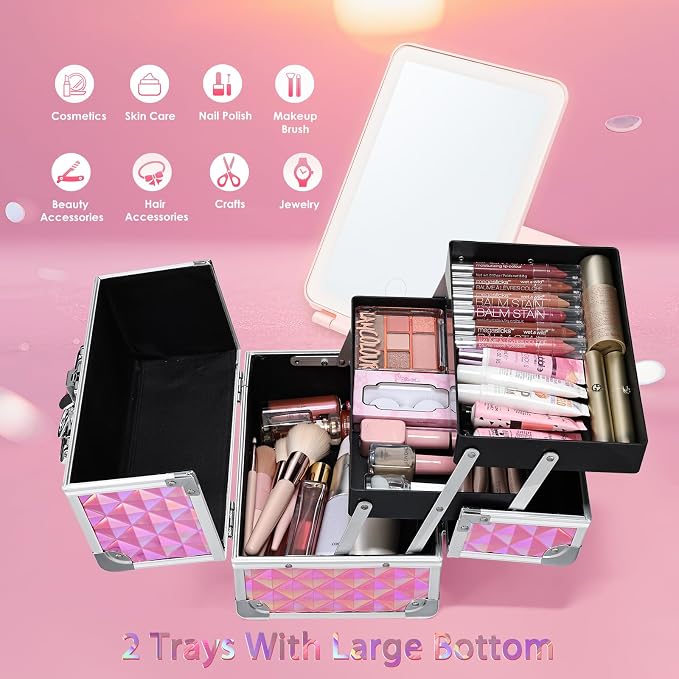 Makeup Case with Lighted Mirror Travel Makeup Organizer Box 2 Trays Lockable - Image 5