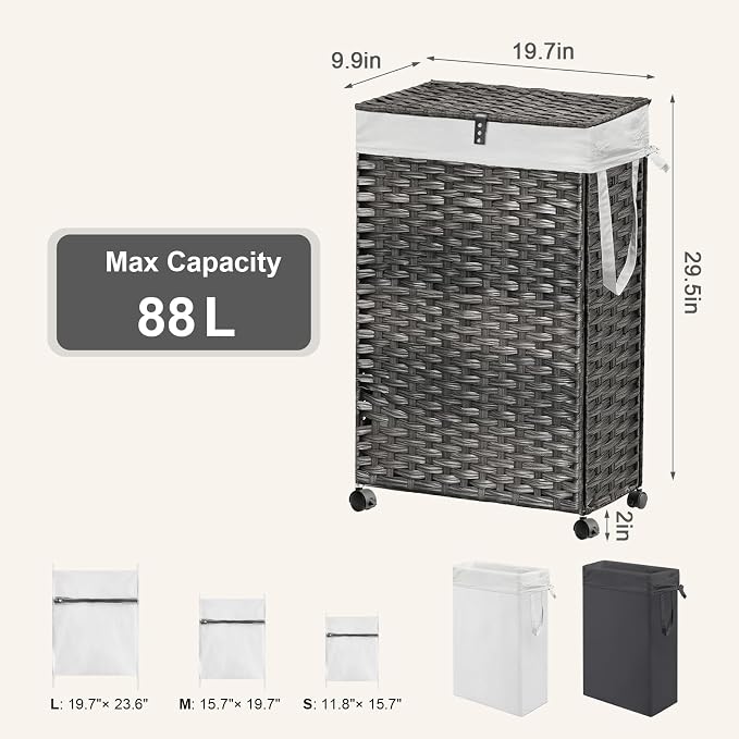 88L Slim Laundry Hamper with Wheels, 23.3 Gallon Rolling Laundry Basket with Lid - Image 4