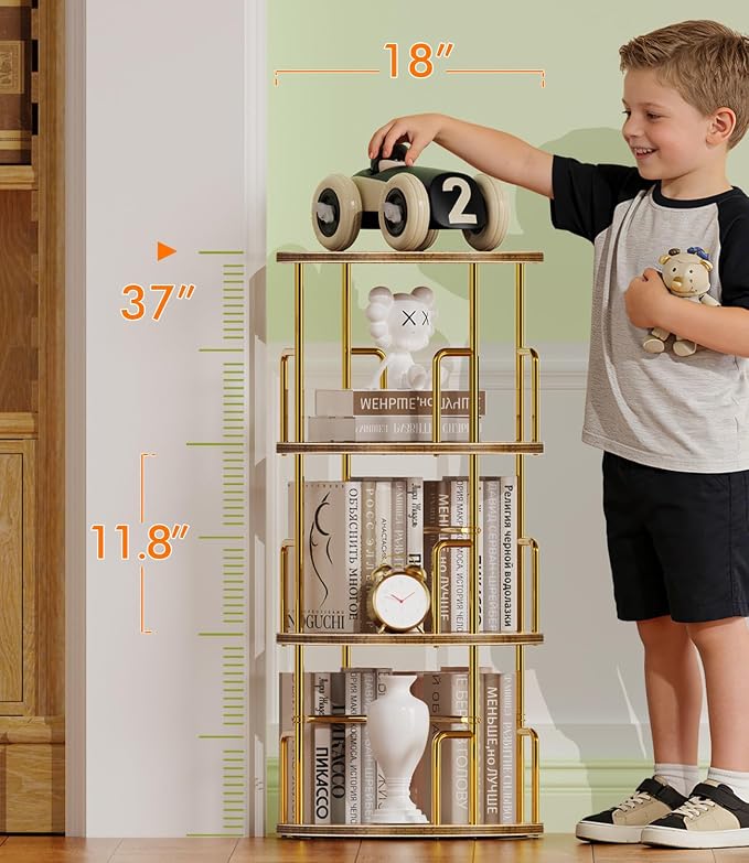 3 Tier Rotating Bookshelf Tower Round Gold, 37” Floor Standing Spinning - Image 2