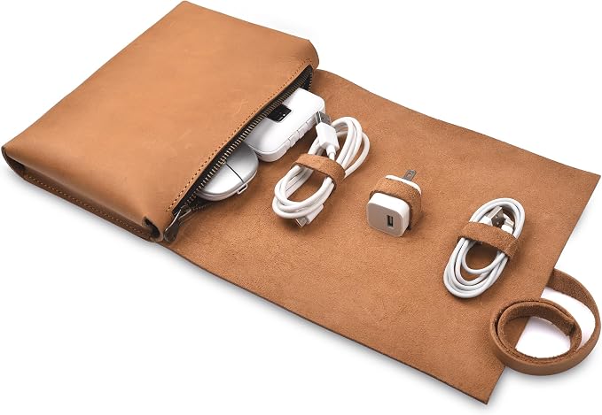 Leather Tech Pouch for Cables Chargers Phone | Tech Bag | Zipper Travel by NUTUCH