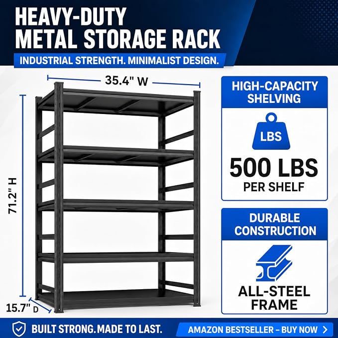 5-Tier Heavy Duty Metal Bookshelf, 2500LBS Adjustable Industrial Bookcase - Image 3