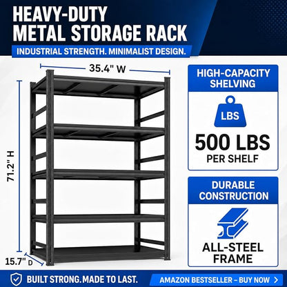 5-Tier Heavy Duty Metal Bookshelf, 2500LBS Adjustable Industrial Bookcase - Image 3