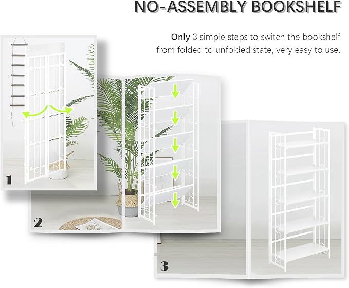 4NM No Assembly 5 Tiers Folding Bookshelf, 59.4" H Foldable Storage Shelves - Image 6