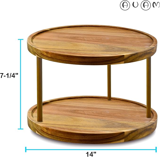 14" Two-Tier Acacia Wood Lazy Susan Organizer Kitchen Turntable - Image 3