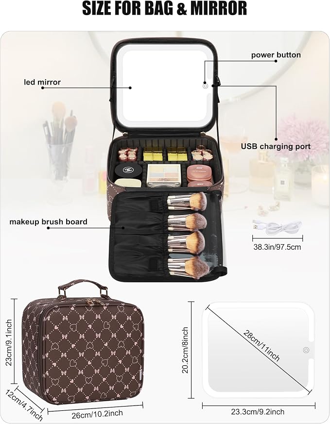Relavel Travel Makeup Bag With LED Mirror, Small Train Case with Detachable - Image 4