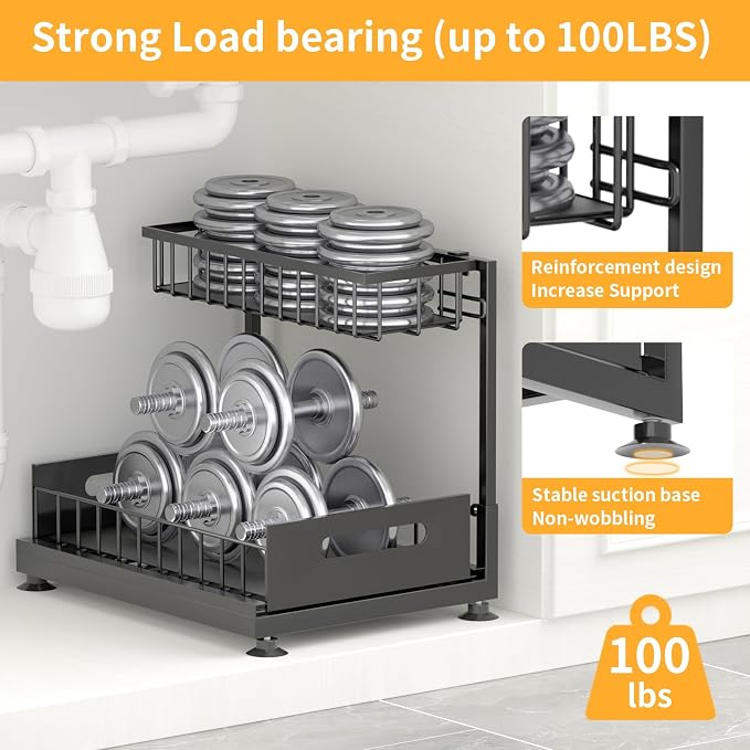 Under Sink Organizer Storage 2-Tier Premium Metal Pull-Out Racks, Height - Image 5