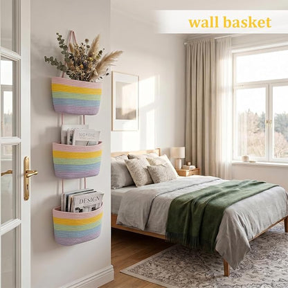 TeoKJ Over the Door Hanging Basket, 3-Tier Woven Cotton Wall-Mounted Storage - Image 3