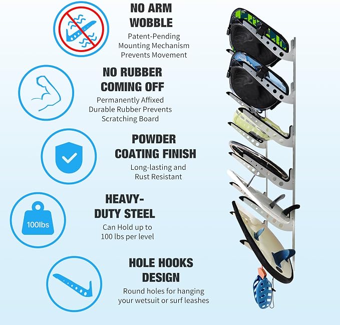 6 Board Surf Rack Wall Mount for Surfboard, Snowboard Storage Adjustable Wall - Image 3