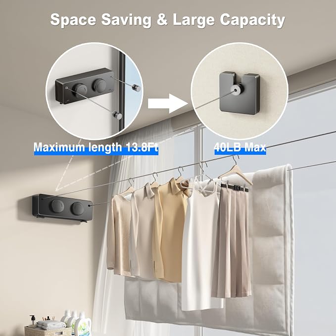 Retractable Clothesline Indoor, Non-Sagging Twin Clothes Line Retracting - Image 2