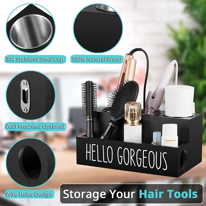 Bivvclaz Hair Tool Organizer, Wooden Hair Dryer Holder Countertop, Wall Mount - Image 3