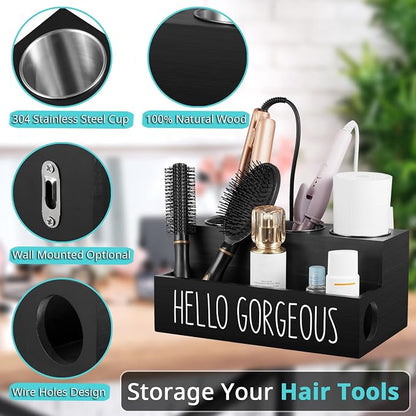 Bivvclaz Hair Tool Organizer, Wooden Hair Dryer Holder Countertop, Wall Mount - Image 3