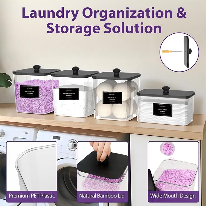 3+1 Pack Clear Laundry Pods Container & Dryer Sheet Holder, Plastic Square - Image 4