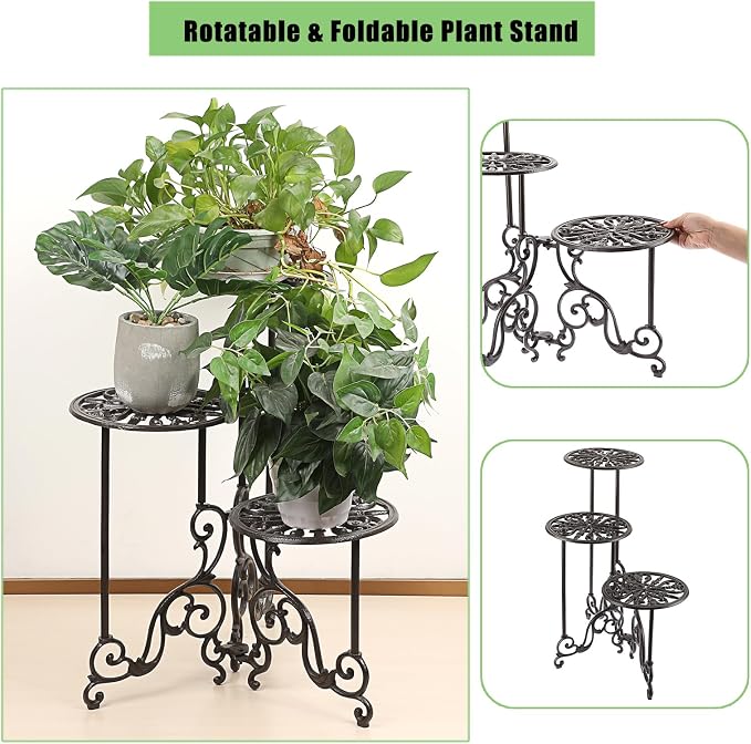 OwnMy 3 Tier Heavy Duty Cast Iron Plant Stand Foldable Wrought Iron Flower Pot - Image 4