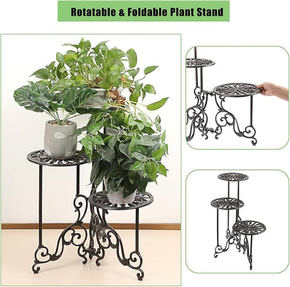 OwnMy 3 Tier Heavy Duty Cast Iron Plant Stand Foldable Wrought Iron Flower Pot - Image 4