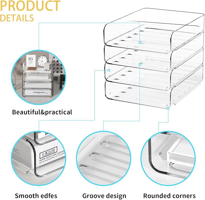 4-Tier Acrylic Paper Tray Organizer | Clear Stackable Desk Organizer - Image 3