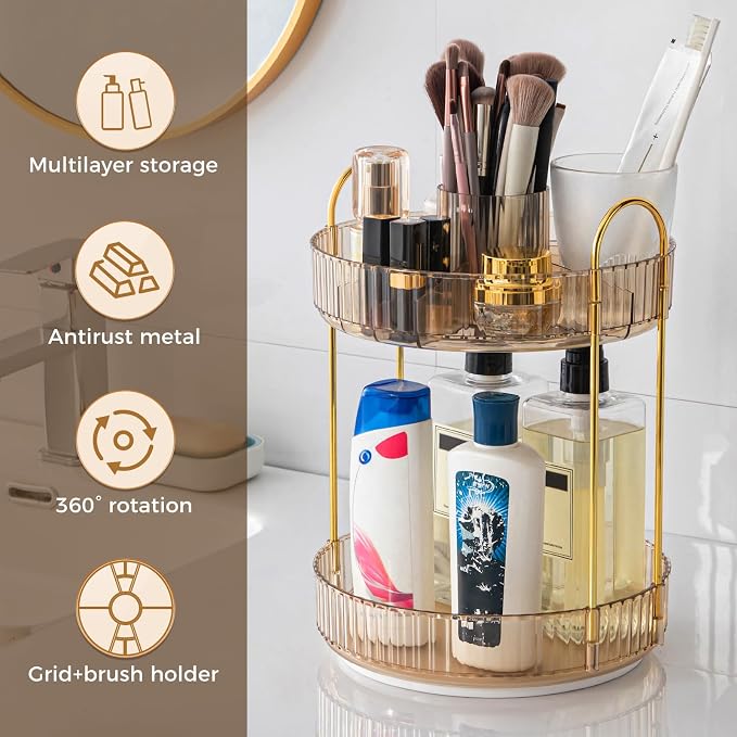 360° Rotating Makeup Organizer, Upgraded 2 Tier Skincare Perfume Organizers - Image 5
