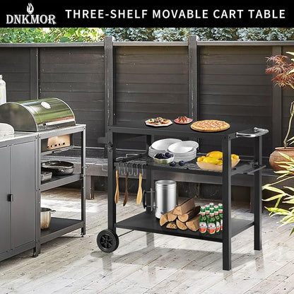 Dining Cart Table with Three Shelf, Movable Outdoor BBQ Grill Pizza Oven Stand - Image 5